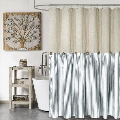 DOSLY IDÉES Farmhouse Shower Curtain,Beige and Gray Stripe,Button Curtain,Linen and Cotton Woven Fabric,Rustic Charm Country Chic Style,72x72 in