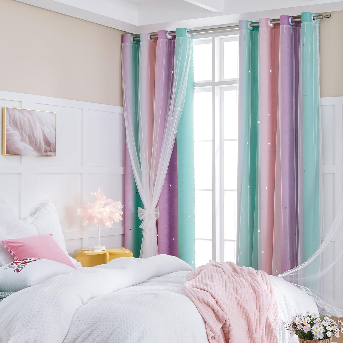 XiDi Curtains for Girls Bedroom Decor, Rainbow Blackout Curtains for Kids/Little Girl Room Decor, Unicorn Wall Decals,Pink Purple Green,63 x 34 inches,1 Panel