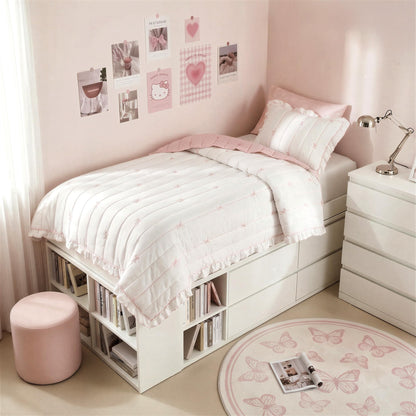 Intelligent Design Bow Embroidered Ruffle Pink Queen Quilt Set, 3pc