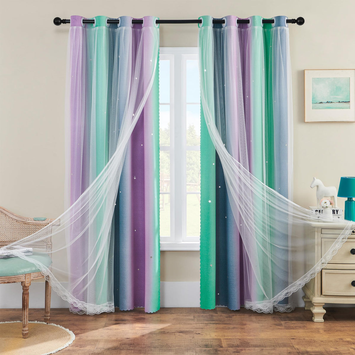 XiDi Curtains for Girls Bedroom Decor, Rainbow Blackout Curtains for Kids/Little Girl Room Decor, Unicorn Wall Decals,Pink Purple Green,63 x 34 inches,1 Panel