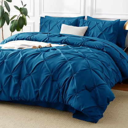 CozyLux Queen Comforter Set Black, 7 Pieces Pintuck Bed in a Bag