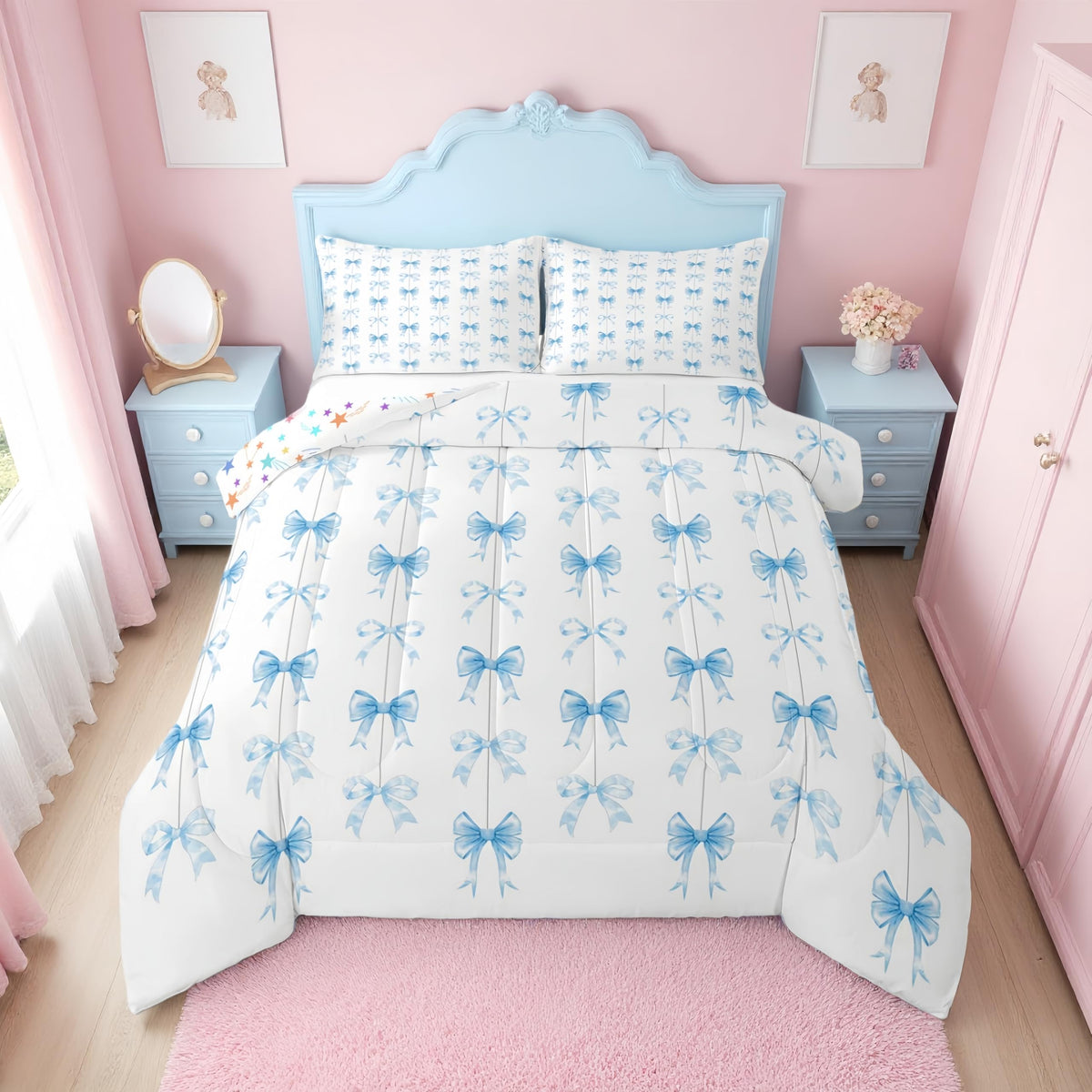 Erosebridal Cute Pink Bow Twin Bedding Set for Girls,Ribbon Bow Knot Comforter Set for Kids Kawaii Room Decor,Princess Bowknot Bed Set Girly Pink Bows Bedding Comforter Sets,1 Pillowcase