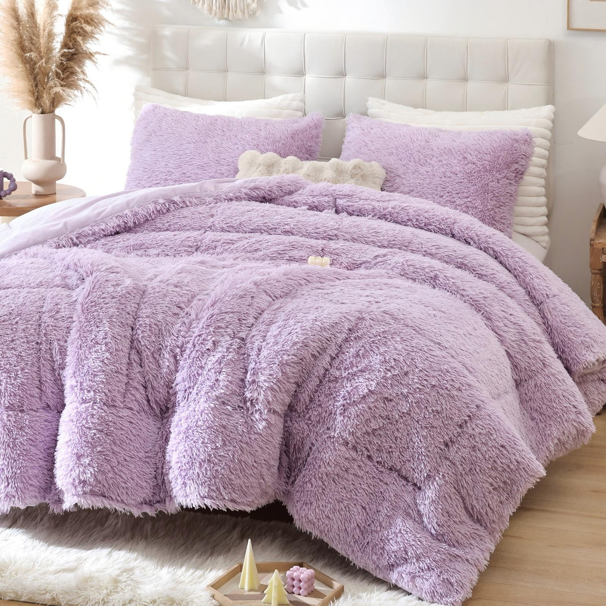 Smoofy Fluffy Queen Comforter Set, Faux Fur Pink Comforter Set 3 Pcs
