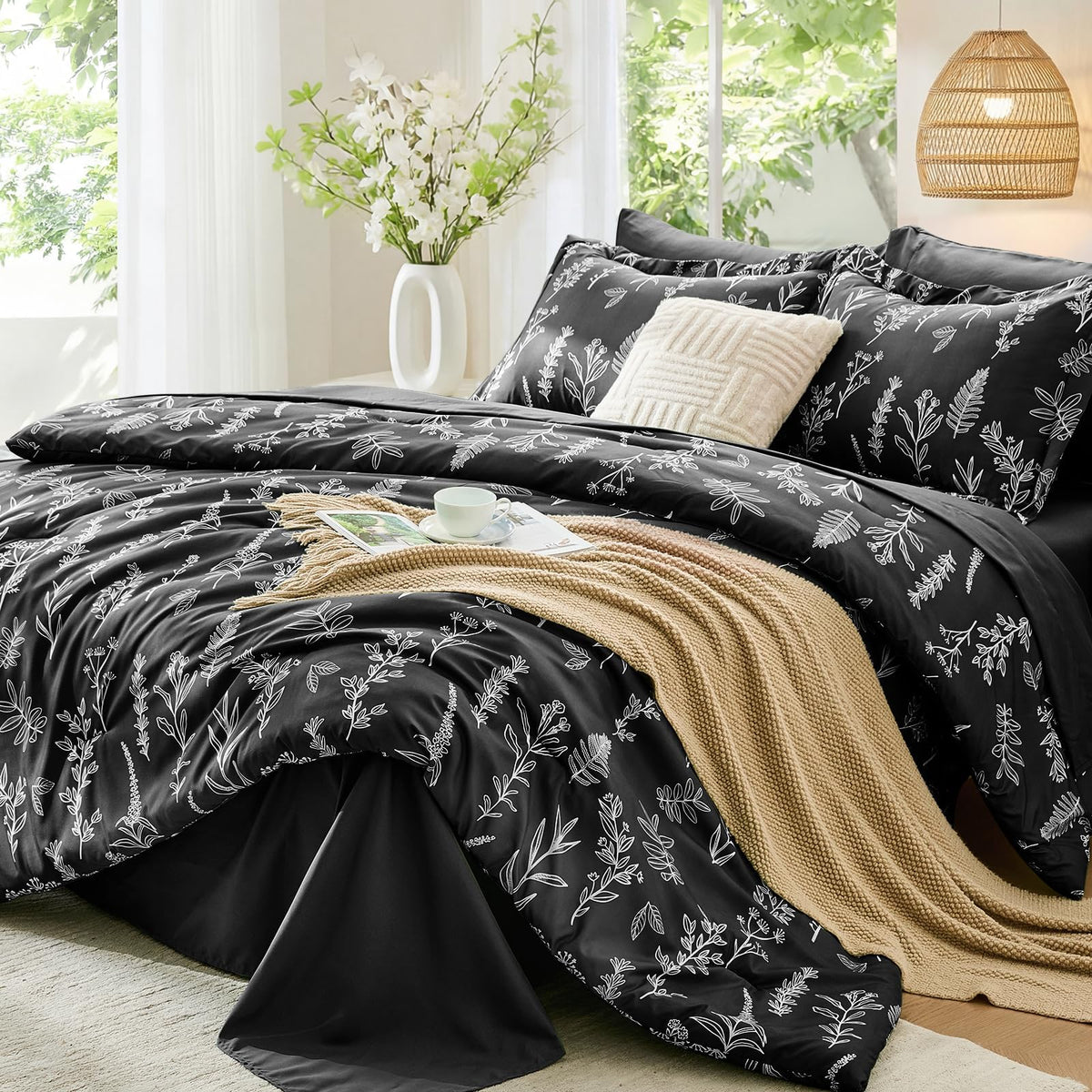 MUXHOMO Queen Comforter Set, 7-Piece Floral Bed in a Bag, Sage Green
