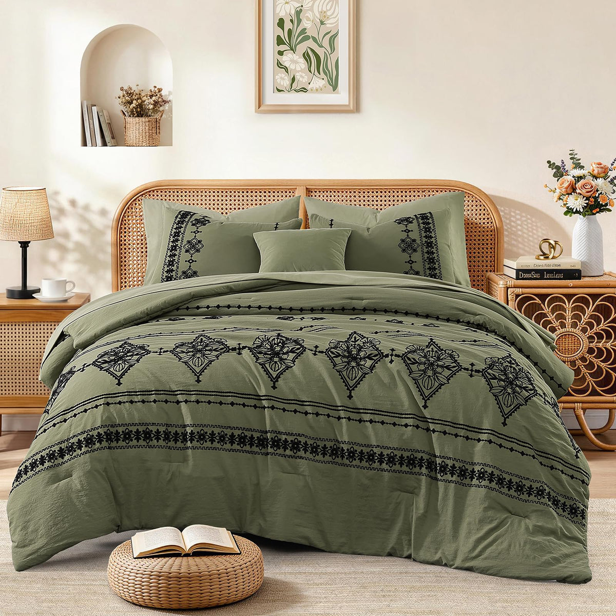 MaiRêve Embroidery Queen Comforter Set 7 Pieces Burnt Orange Bed in a Bag