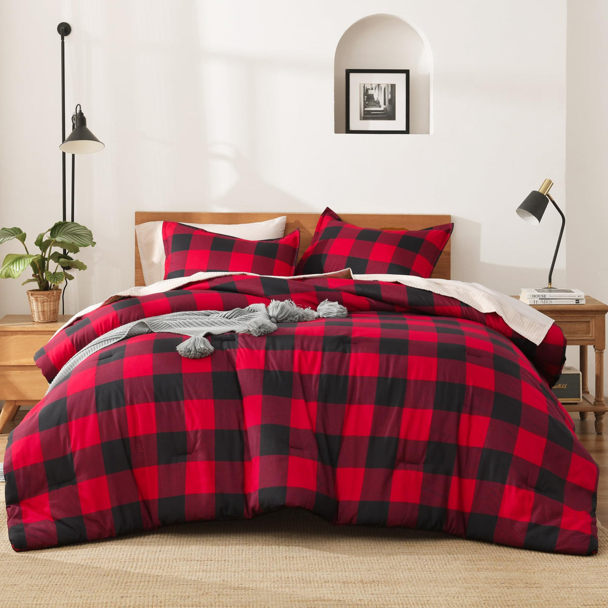 Andency Tan Gingham Comforter Set Twin, Brown Checkered Grid Plaid Bedding
