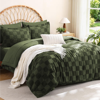 MR&HM Queen Comforter Set 7 Pieces, Fluffy Tufted Boho Beddding Set Beige