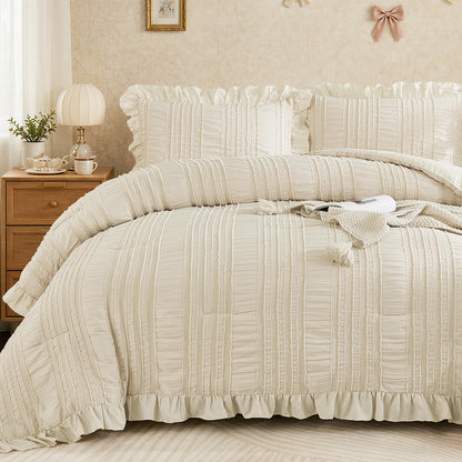 WONGS BEDDING White Queen Comforter Set,Boho Ruffle Comforter for Queen Bed,Soft Seersucker Shabby Chic Bedding Set with 1 Comforter,2 Tufted Pillowcases 90"×90"
