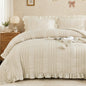 WONGS BEDDING White Queen Comforter Set,Boho Ruffle Comforter for Queen Bed,Soft Seersucker Shabby Chic Bedding Set with 1 Comforter,2 Tufted Pillowcases 90"×90"