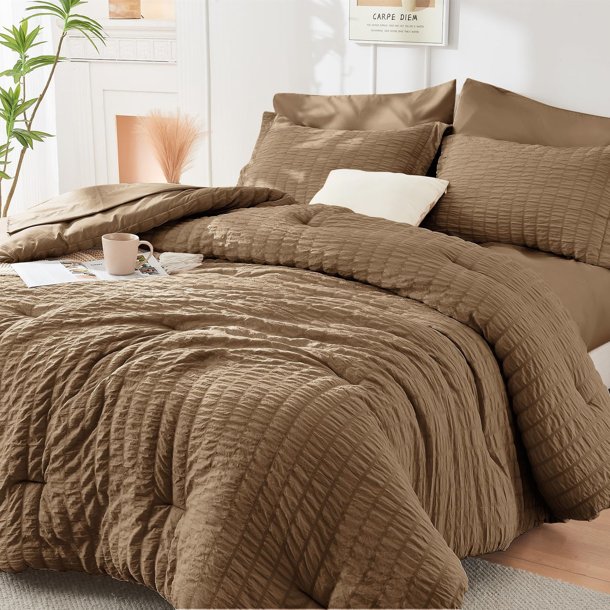 Full Comforter Set - 7PCS Bed in a Bag, Seersucker Bedding Set, Dark Grey