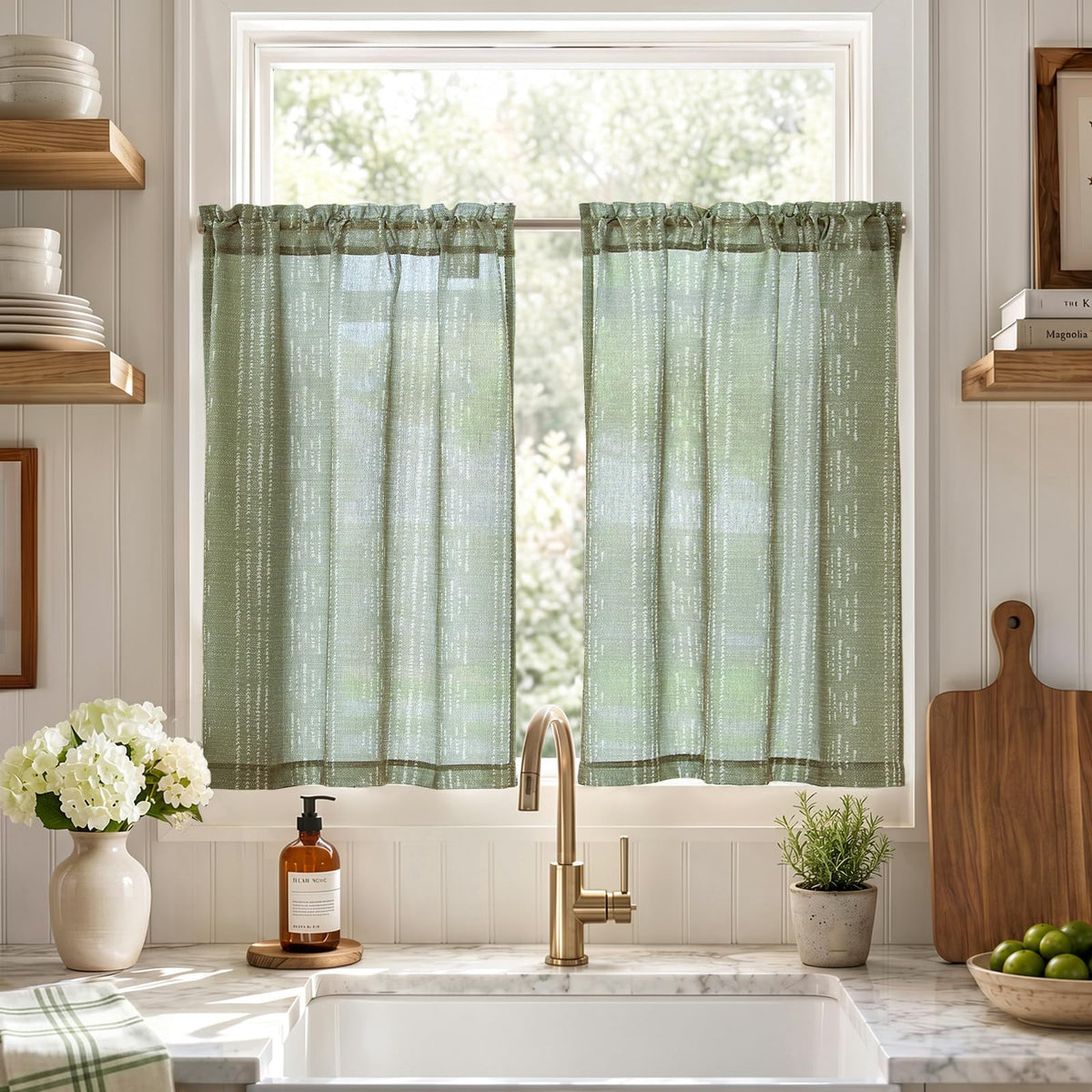 jinchan Linen Striped Tier Curtains for Kitchen Windows Green 26 x 24 inch