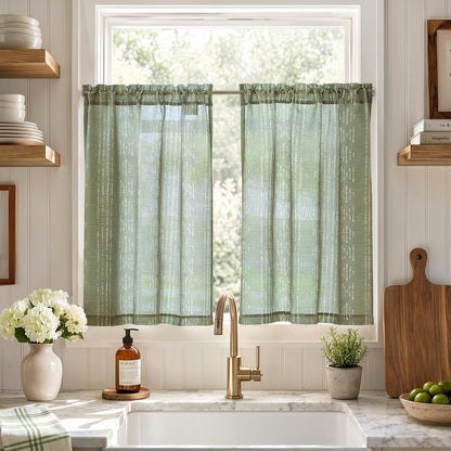 jinchan Linen Striped Tier Curtains for Kitchen Windows Green 26 x 24 inch