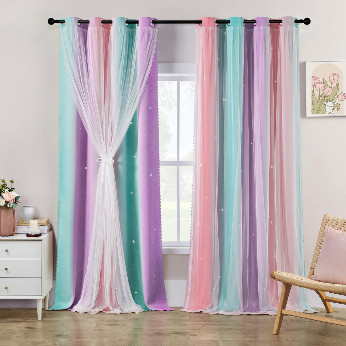 XiDi Blackout Curtains for Girls Bedroom Decor Pink Kids Rainbow Curtains