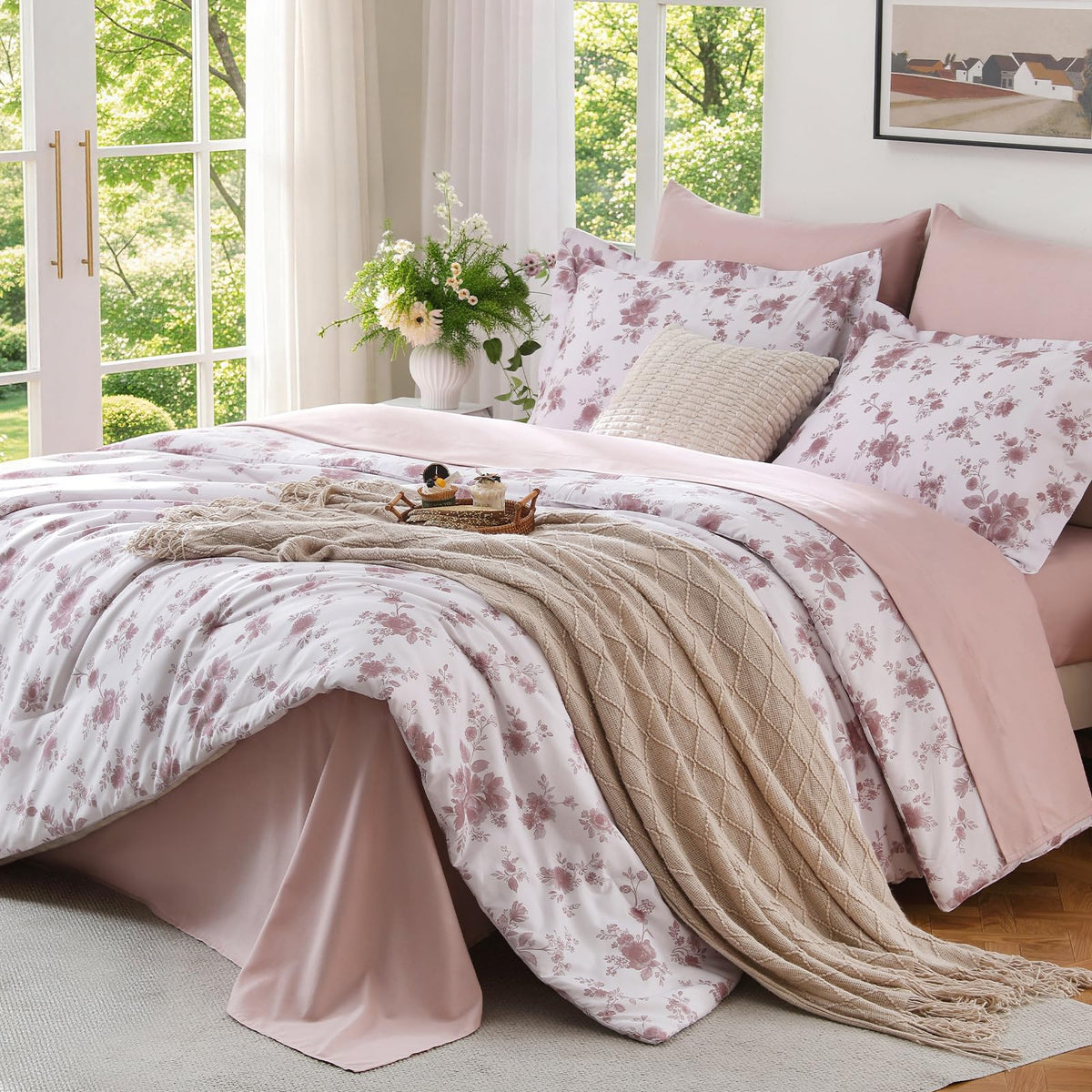 MUXHOMO Queen Comforter Set, 7-Piece Floral Bed in a Bag, Sage Green