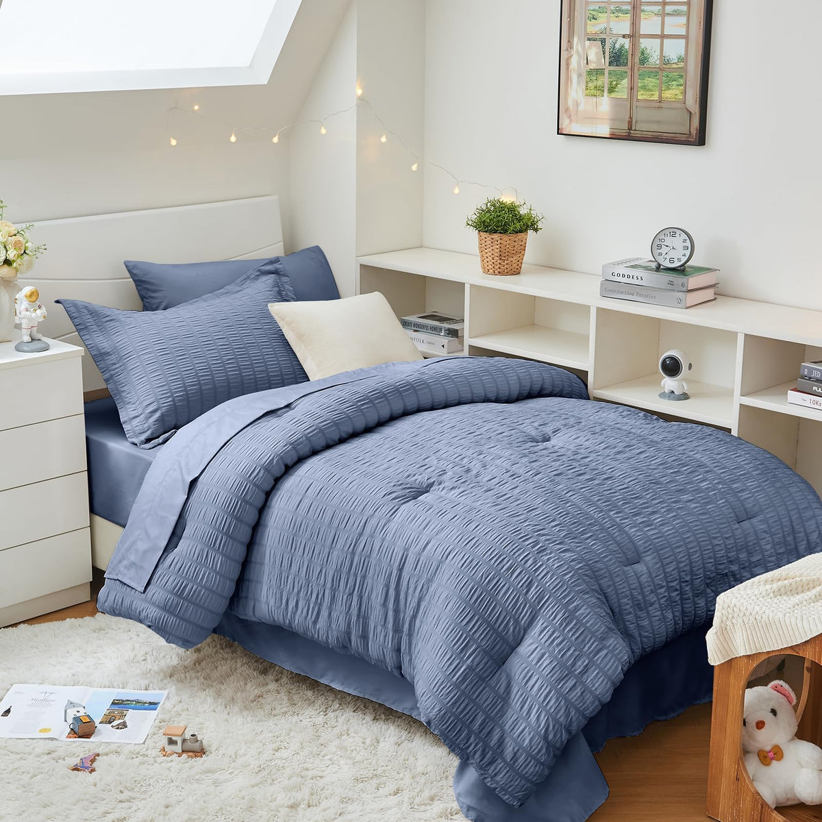 Full Comforter Set - 7PCS Bed in a Bag, Seersucker Bedding Set, Dark Grey