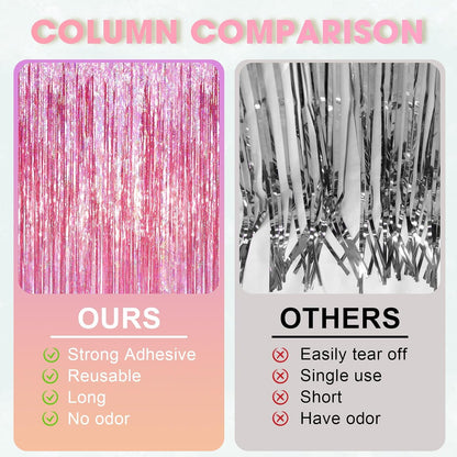 Voircoloria Laser Pink Foil Fringe Backdrop Curtains,3.3x6.6ft, 2 Pack