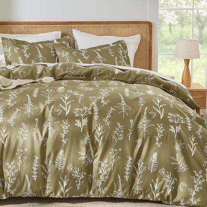 MUXHOMO Duvet Cover King Size, 3-Piece Floral Grey-Blue Bedding Set
