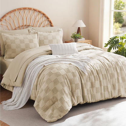 MR&HM Queen Comforter Set 7 Pieces, Fluffy Tufted Boho Beddding Set Beige