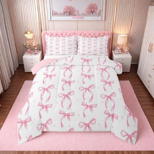 Erosebridal Cute Pink Bow Twin Bedding Set for Girls,Ribbon Bow Knot Comforter Set for Kids Kawaii Room Decor,Princess Bowknot Bed Set Girly Pink Bows Bedding Comforter Sets,1 Pillowcase