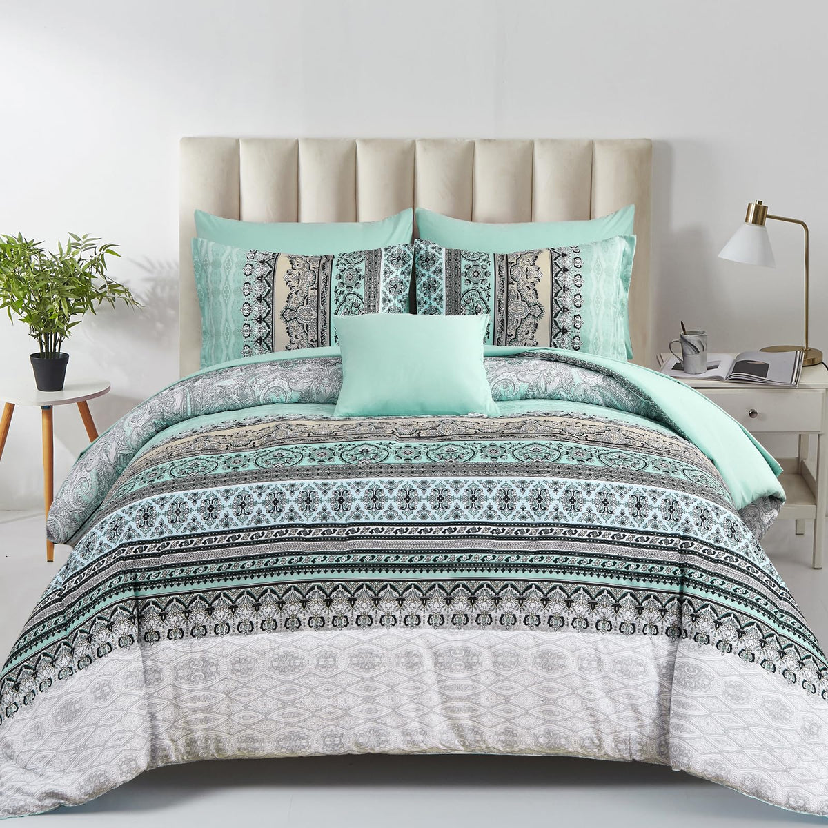 Cottolester Boho Comforter Set Queen Size 8 Piece Bed in a Bag Bohemian Striped Bedding Quilt Set Aqua Paisley Floral Comforter and Sheet Set,Soft Microfiber Complete Bedding Sets for All Season