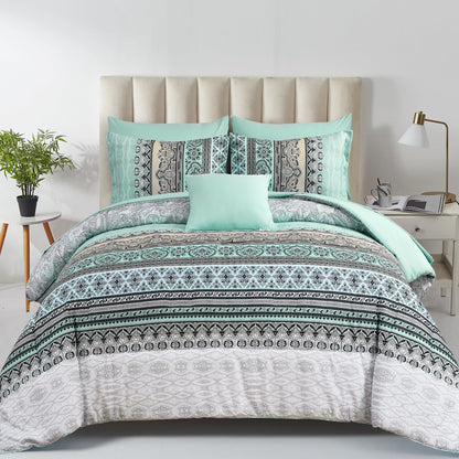 Cottolester Boho Comforter Set Queen Size 8 Piece Bed in a Bag Bohemian Striped Bedding Quilt Set Aqua Paisley Floral Comforter and Sheet Set,Soft Microfiber Complete Bedding Sets for All Season