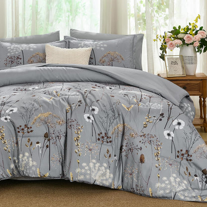 Yiran Queen Comforter Set, 7 Piece Floral Dark Green Dandelion Bed in a Bag