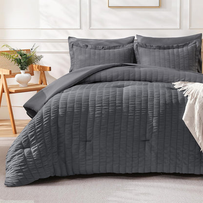 FreshCulture Comforter Set Seersucker 7 Pieces, All Season Bedding Set Queen, Bed in a Bag Comforter Set with 1 Comforter, 1 Flat Sheet, 1 Fitted Sheet, 2 Pillowcases and 2 Pillow Shams, Dark Grey