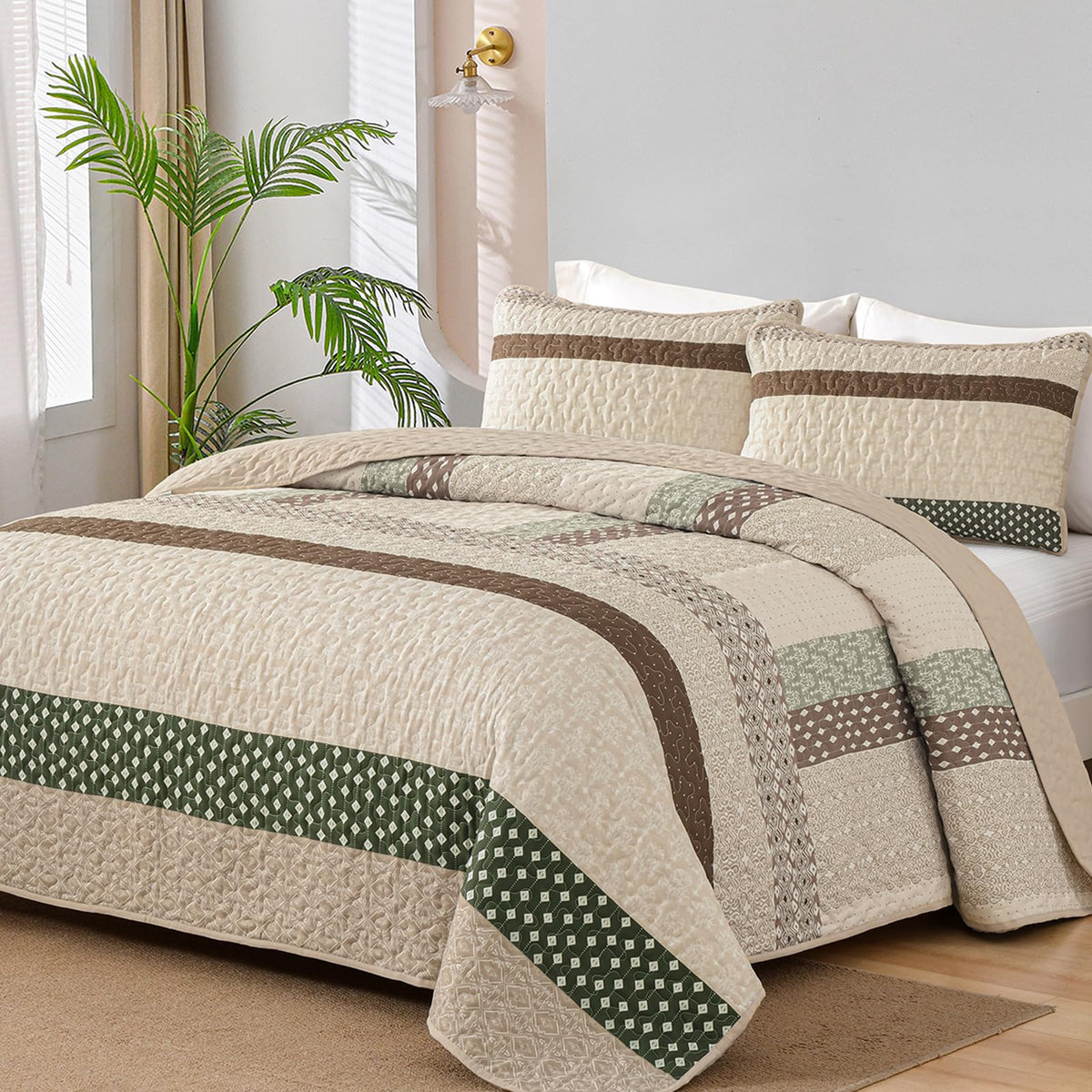 WONGS BEDDING Grey Queen Size Quilt Set, Boho Striped Bedspread