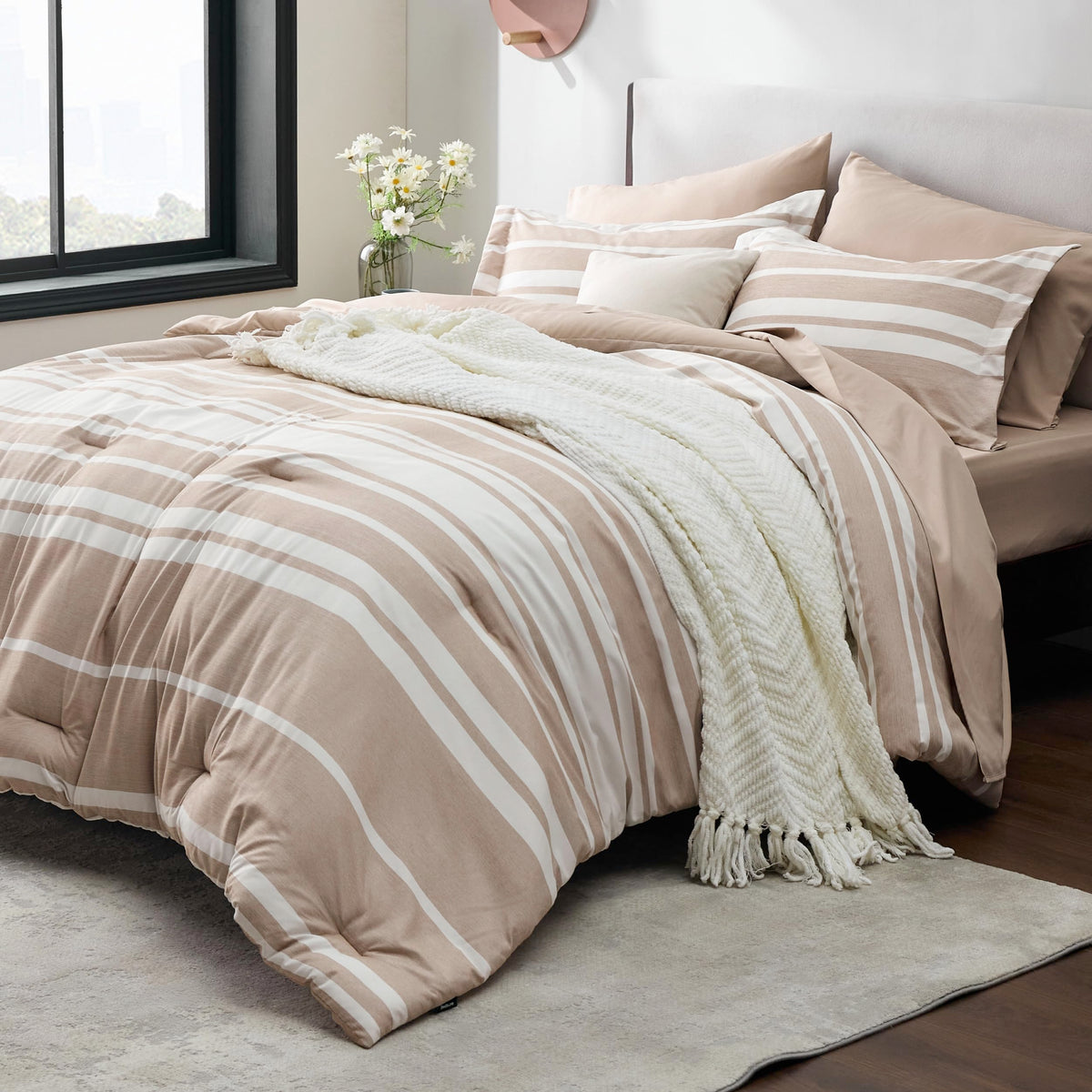 Bedsure Full Comforter Set 7 Pc, Grey Striped, Reversible, All-Season