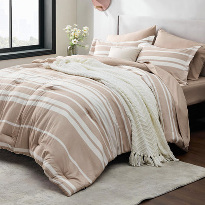 Bedsure Full Comforter Set 7 Pc, Grey Striped, Reversible, All-Season