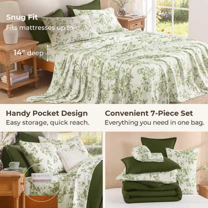Litanika Floral Queen Comforter Set, 7 Peices Olive Green Bed in a Bag