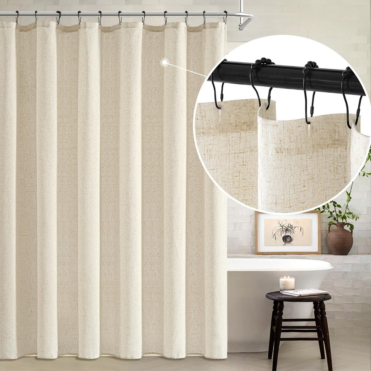 MIULEE Linen Buttonhole Fabric Shower Curtain Natural 72*72" 12 Metal Hooks