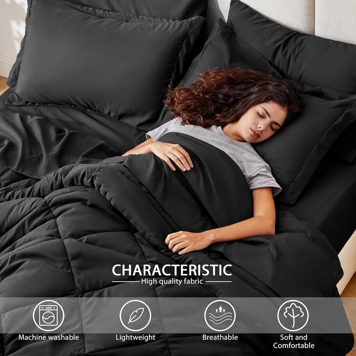 Love's cabin Queen Comforter Set, 7 Pieces Bed in a Bag, Black
