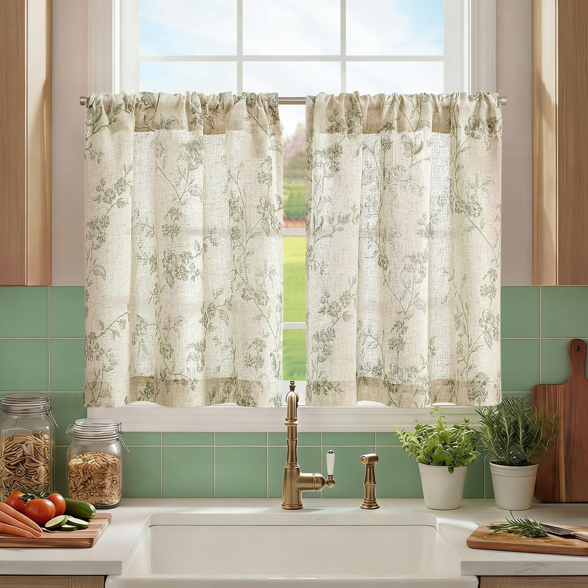 jinchan Floral Linen Kitchen Tier Curtains, 24 Inch, 2 Panels, Green