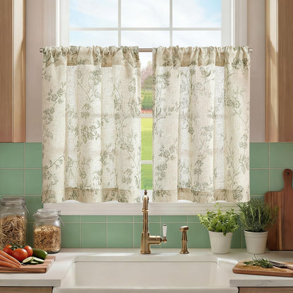 jinchan Floral Linen Kitchen Tier Curtains, 24 Inch, 2 Panels, Green