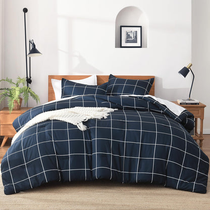 Andency Tan Gingham Comforter Set Twin, Brown Checkered Grid Plaid Bedding