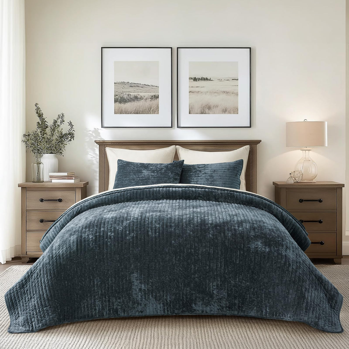 EverGrace Stripe Channel Luxury Velvet Quilt Set King Size, Beige Taupe