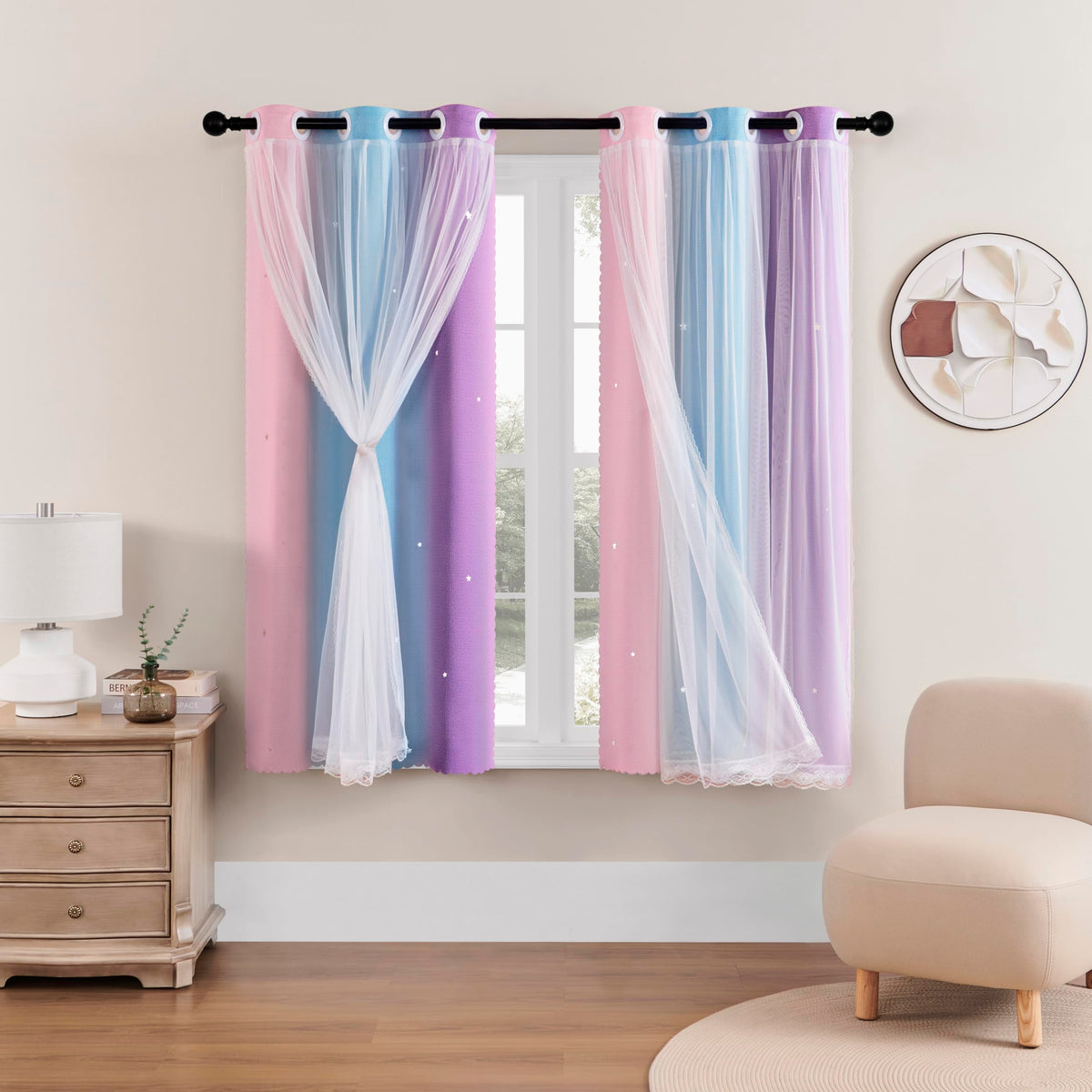 XiDi Curtains for Girls Bedroom Decor, Rainbow Blackout Curtains for Kids/Little Girl Room Decor, Unicorn Wall Decals,Pink Purple Green,63 x 34 inches,1 Panel