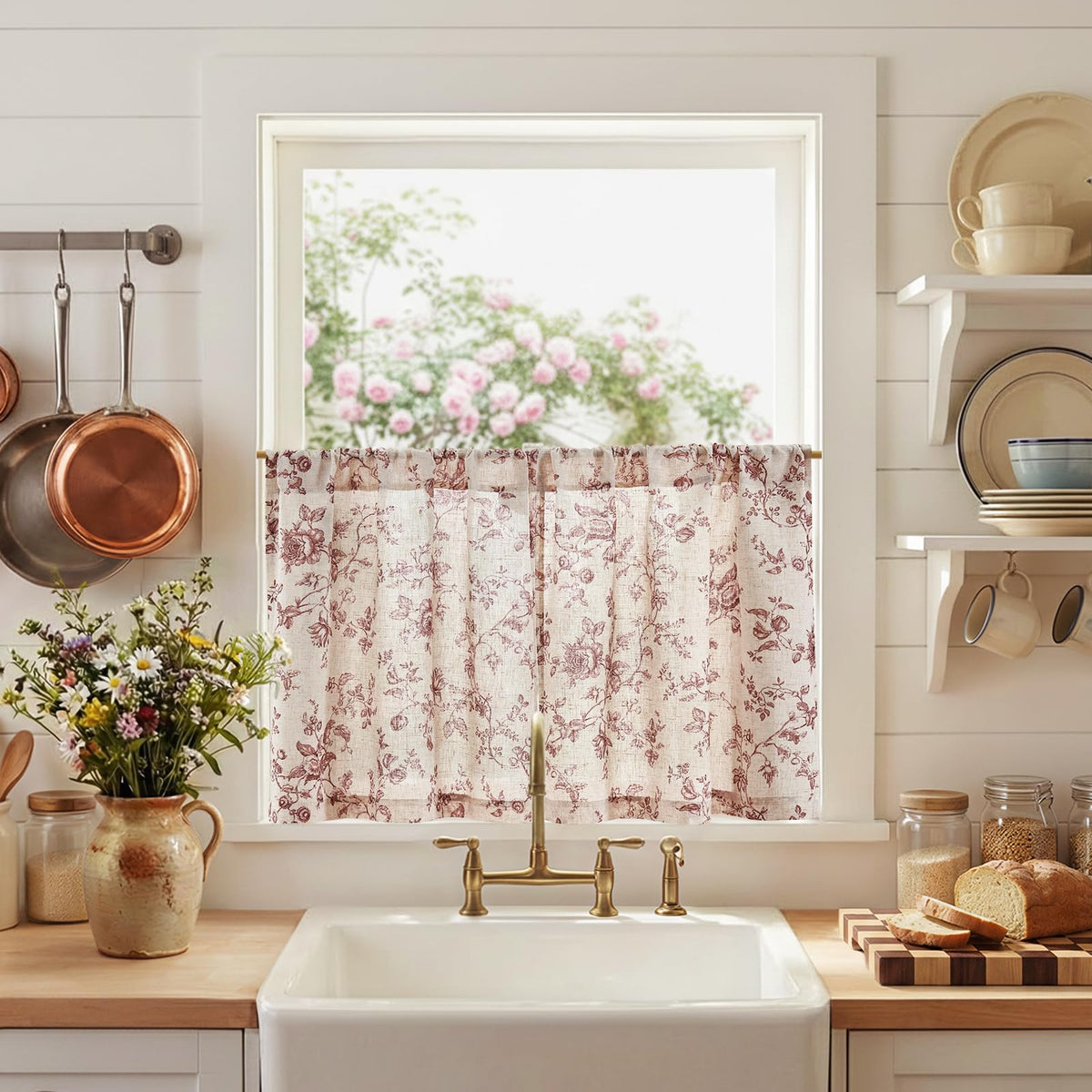 jinchan Floral Linen Kitchen Tier Curtains, 24 Inch, 2 Panels, Green