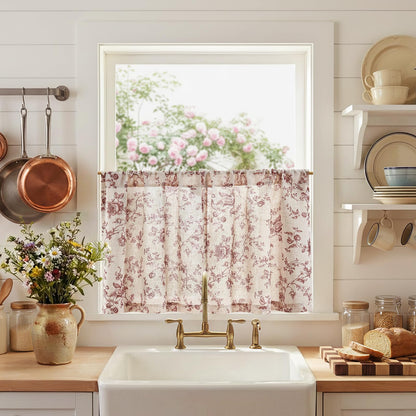 jinchan Floral Linen Kitchen Tier Curtains, 24 Inch, 2 Panels, Green