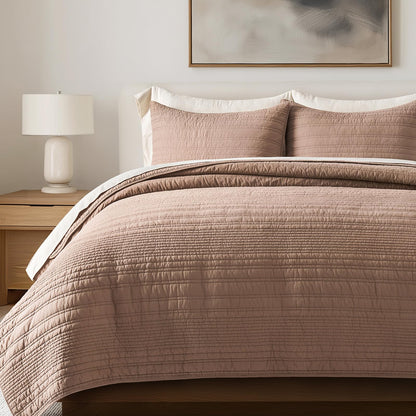 EVERGRACEHOME 100% Cotton Modern Lines Quilt Set King Size, Stone Taupe
