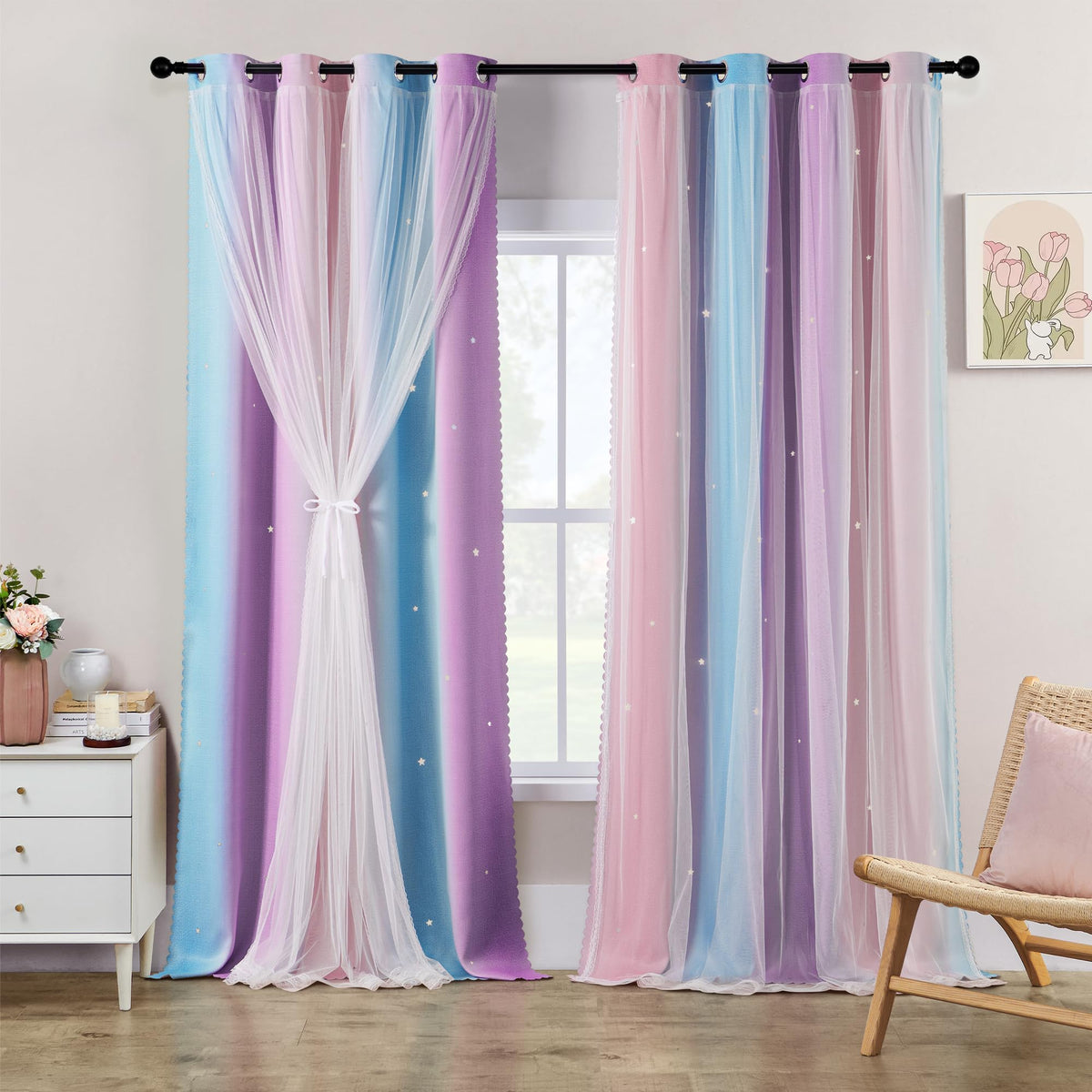 XiDi Blackout Curtains for Girls Bedroom Decor Pink Kids Rainbow Curtains