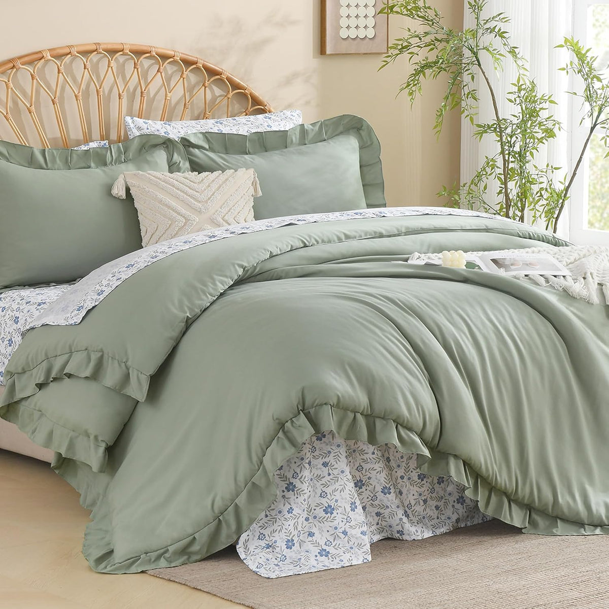 Litanika 7Pcs Full Ruffled Sage Green Comforter Set with Floral Sheets