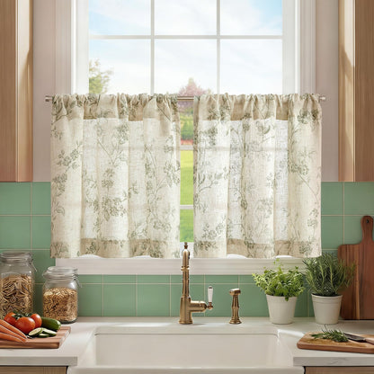 jinchan Floral Linen Kitchen Tier Curtains, 24 Inch, 2 Panels, Green