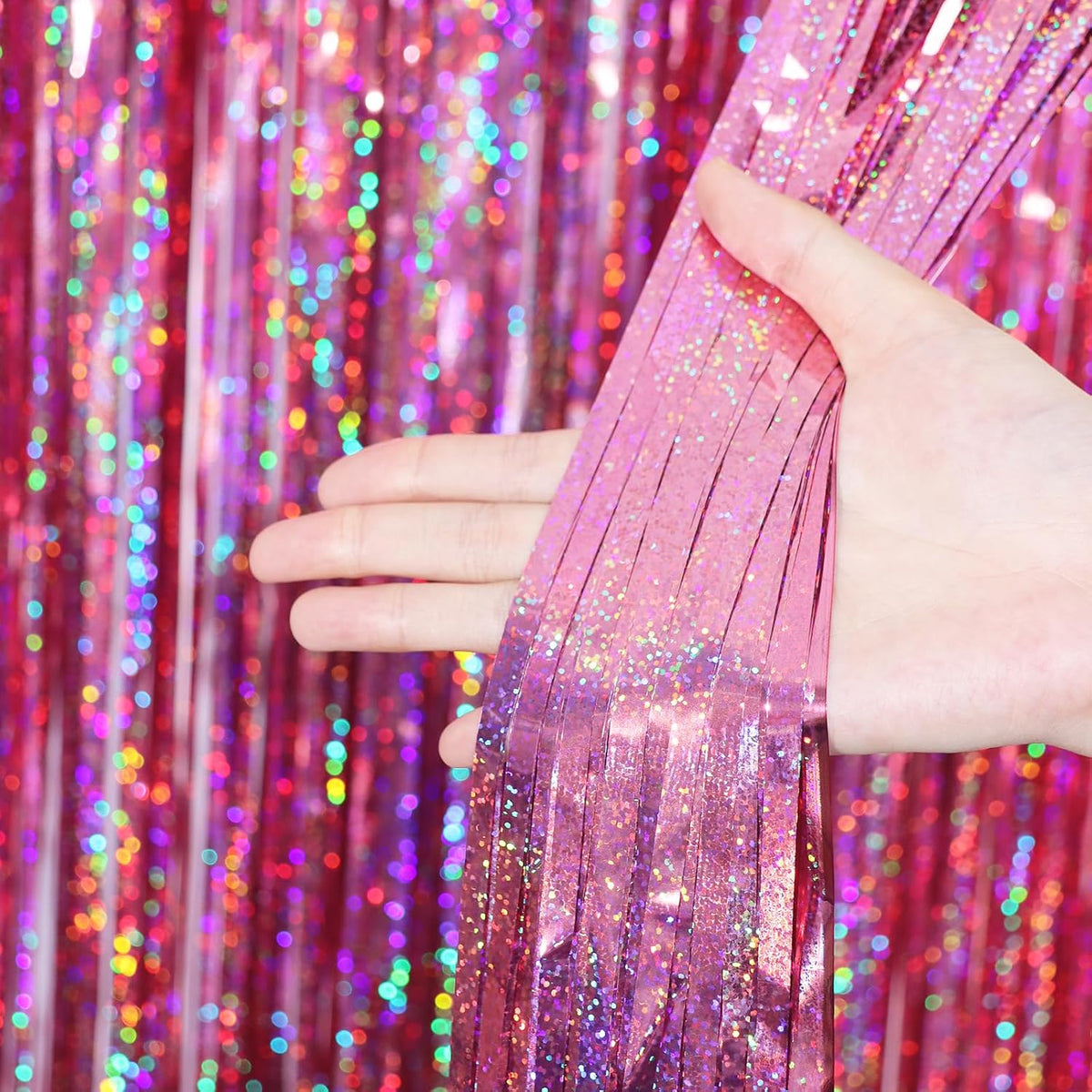 Voircoloria Laser Pink Foil Fringe Backdrop Curtains,3.3x6.6ft, 2 Pack