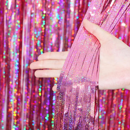 Voircoloria Laser Pink Foil Fringe Backdrop Curtains,3.3x6.6ft, 2 Pack
