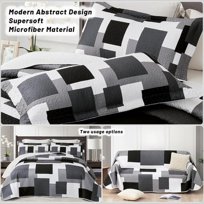 Tyrot 3 Piece Black Grey Quilt Full/Queen Size Black White Gray Bedding Set