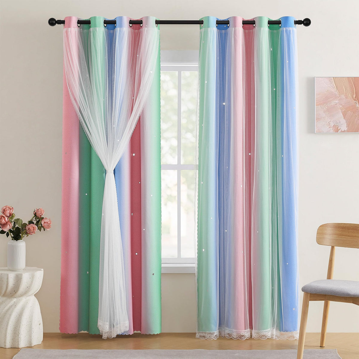 XiDi Blackout Curtains for Girls Bedroom Decor Pink Kids Rainbow Curtains