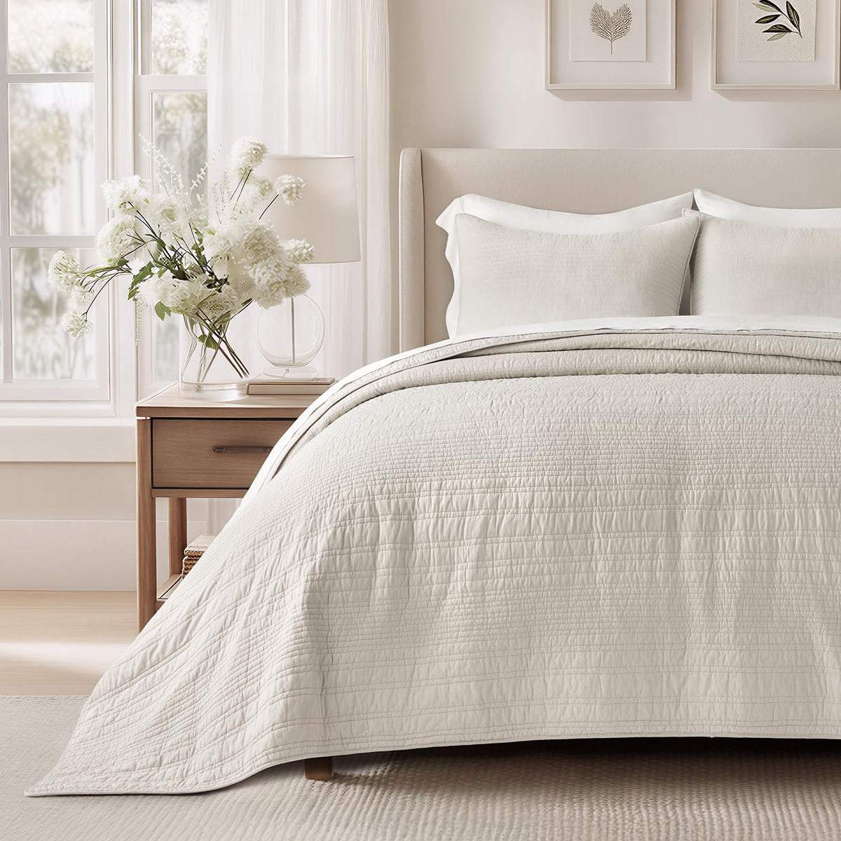 EVERGRACEHOME 100% Cotton Modern Lines Quilt Set King Size, Stone Taupe