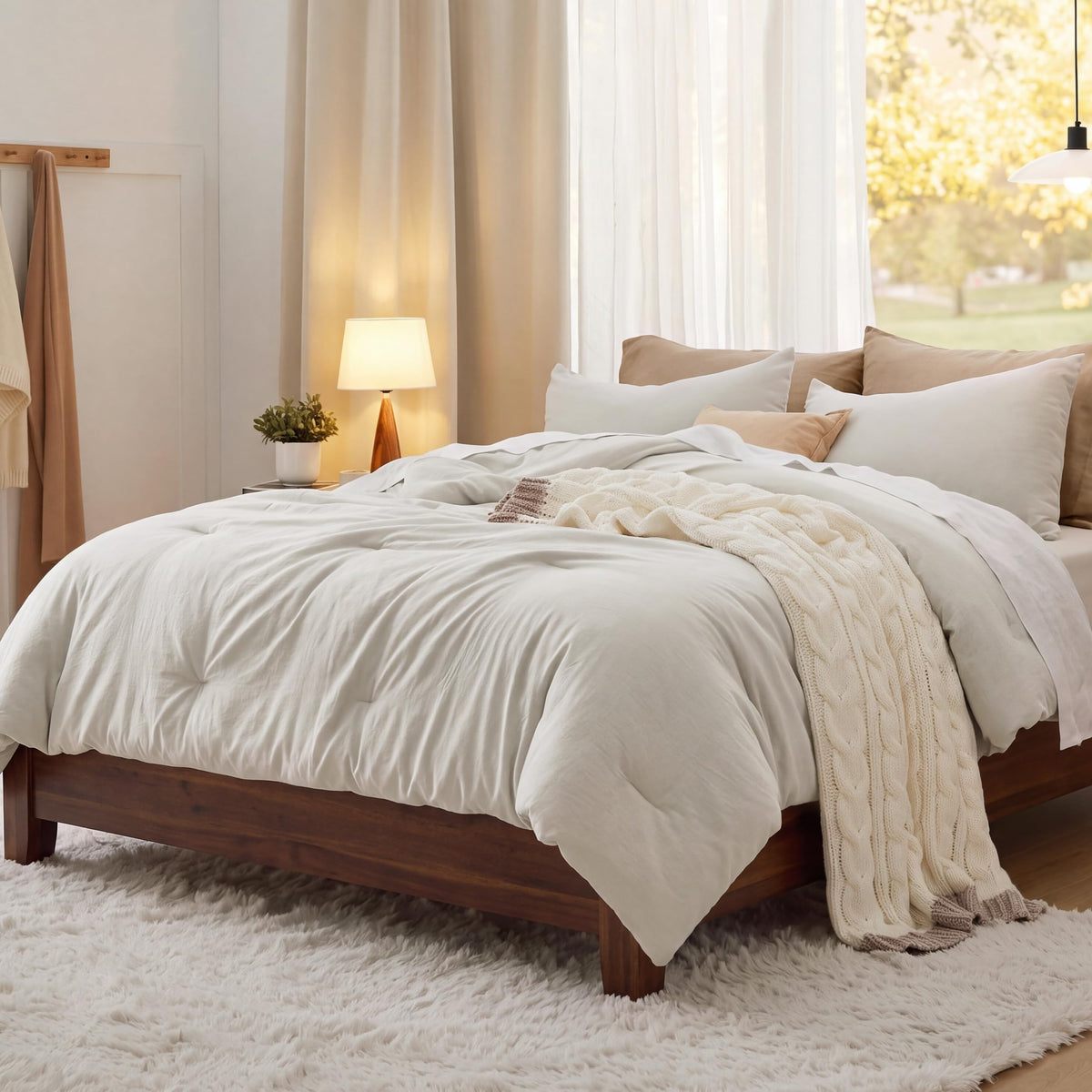 Bedsure Queen Comforter Set Prewashed Soft Bedding Set 3Pcs Cream 90"x90"